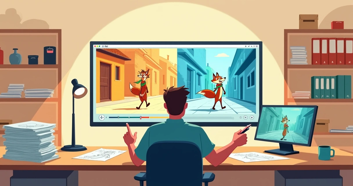 Restaurador digital recuperando animação clássica quadro a quadro na tela 