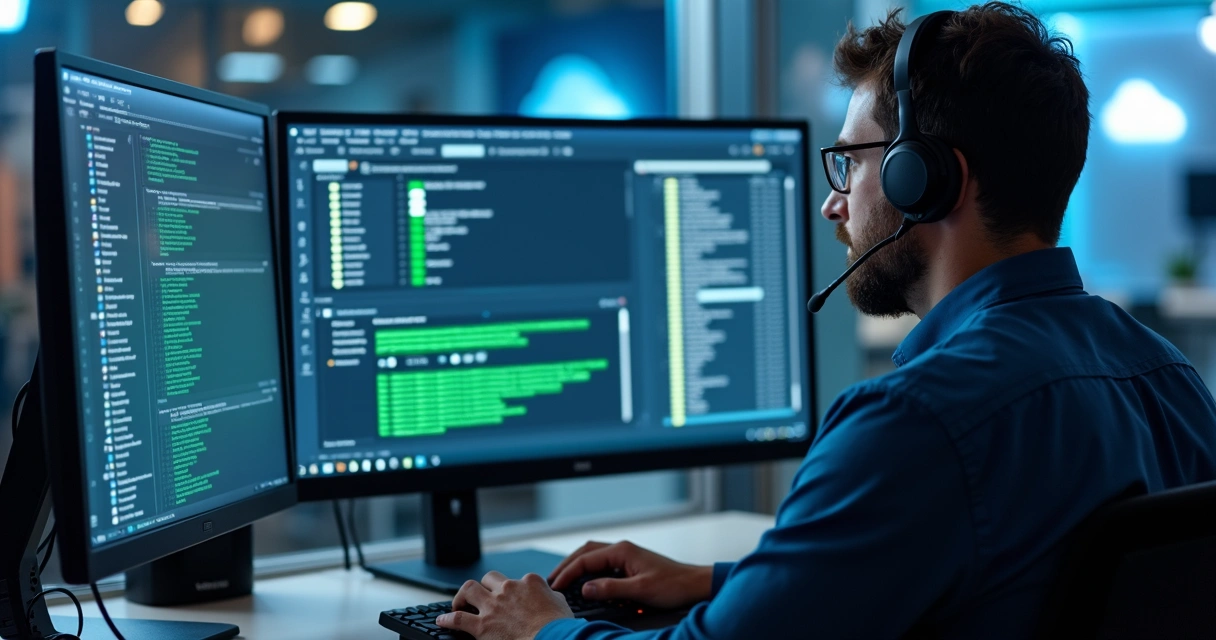Técnico restaurando arquivos em computador corporativo 