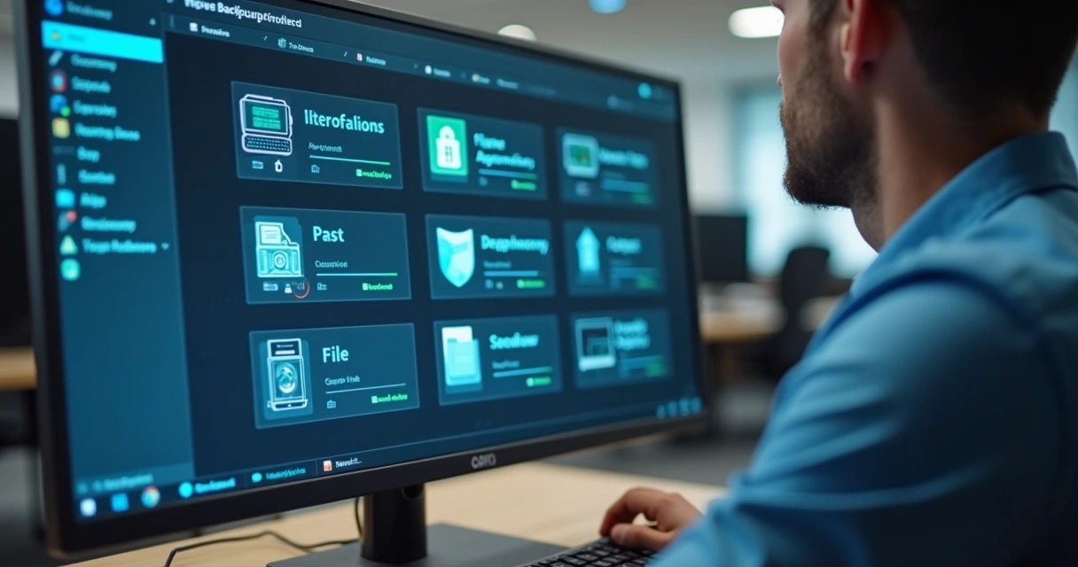 Técnico de TI restaurando arquivos específicos em um computador empresarial 