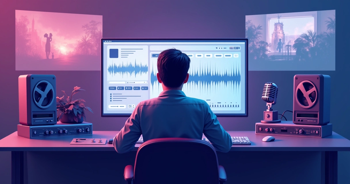 Técnico operando software de restauração de áudio em tela, com filmes antigos ao fundo