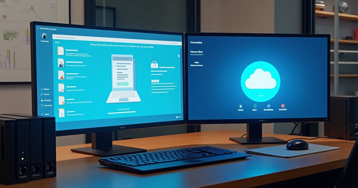 Painéis digitais mostrando cenários de restauração de backup local e backup em nuvem 