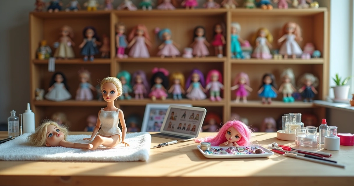 Colecionadora restaurando bonecas em mesa de trabalho organizada 