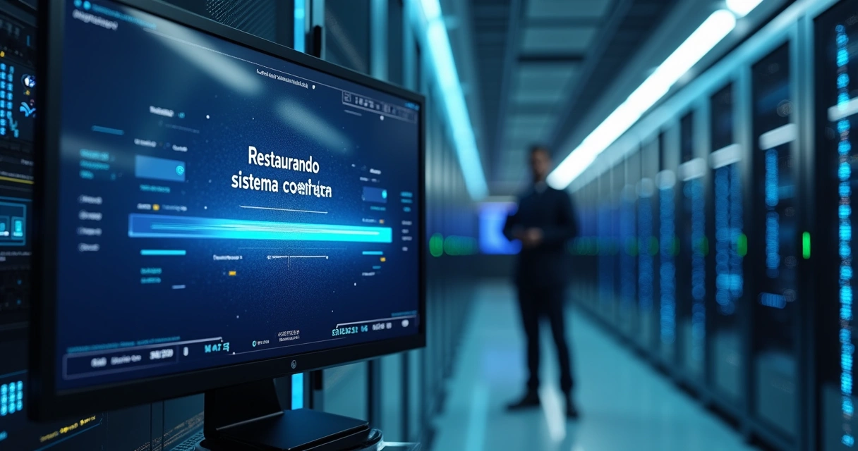 Tela de restauração completa de servidor em ambiente de data center com múltiplos servidores ao fundo 