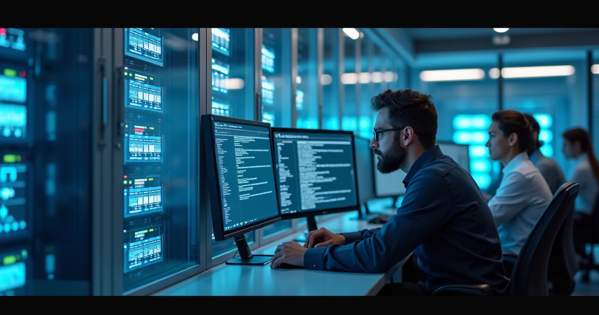 Equipe de TI restaurando dados em computadores numa sala de servidores moderna 