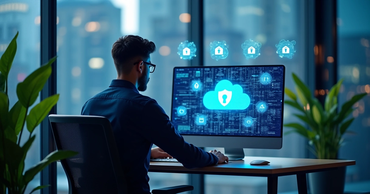 Profissional de TI restaurando dados com interface gráfica segura 