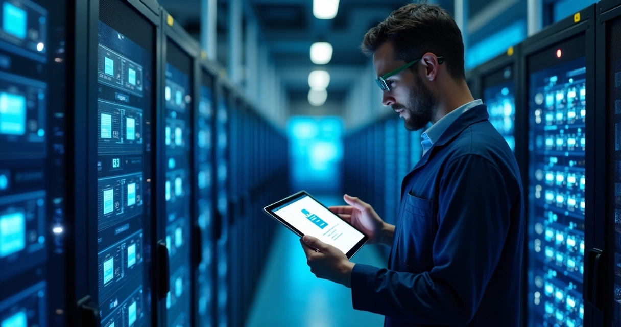 Técnico restaurando dados em servidor corporativo 