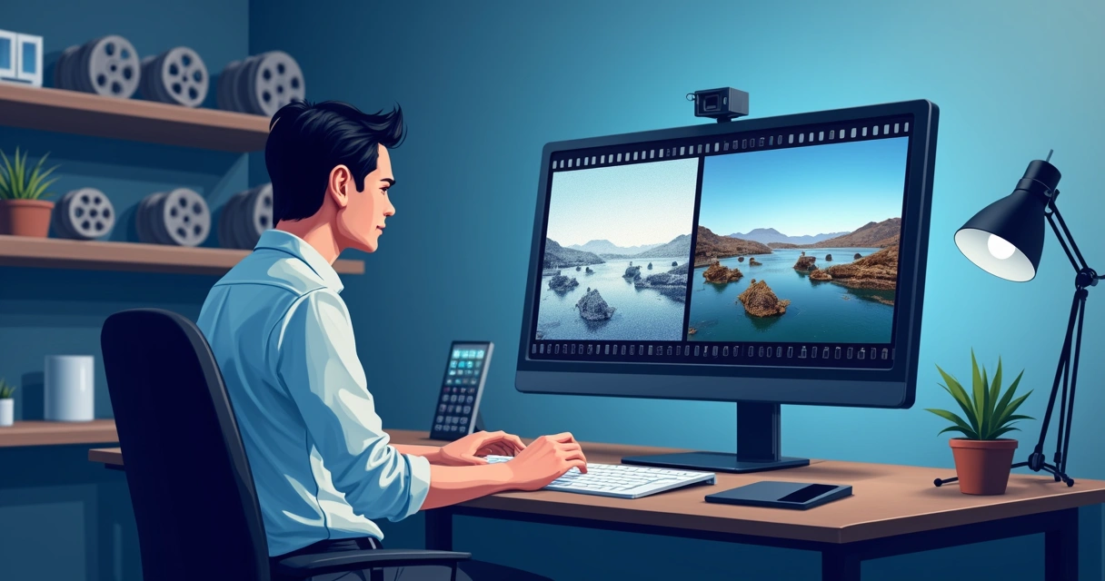 Técnico faz restauração digital de filme antigo, monitor exibe cenas restauradas 