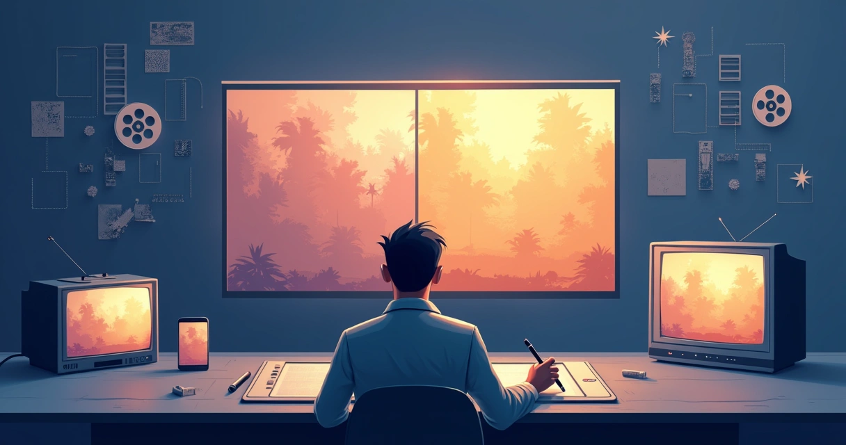 Técnico restaurando filme clássico em mesa digital com rolos e telas 