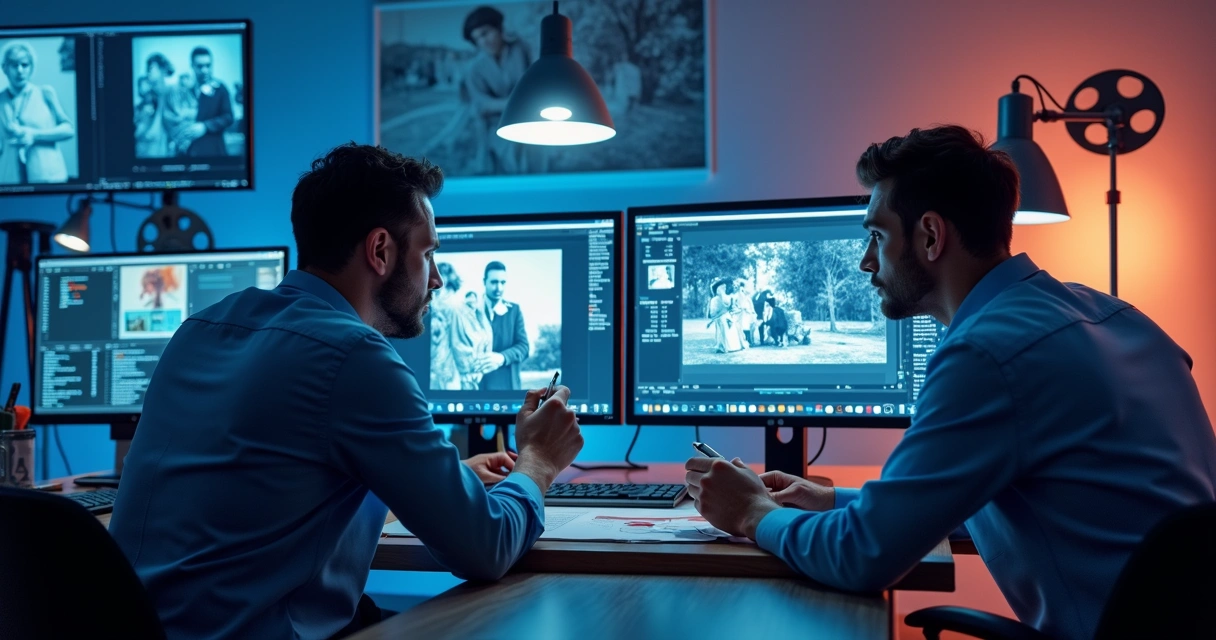 Profissionais analisando frame de filme clássico em restauração digital 