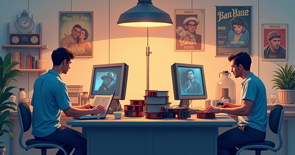 Equipe restaurando película de filme clássico em laboratório 