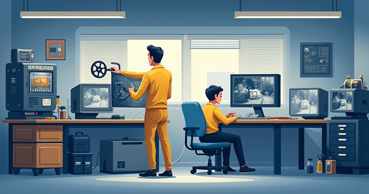 Especialista restaurando filme clássico em laboratório digital 