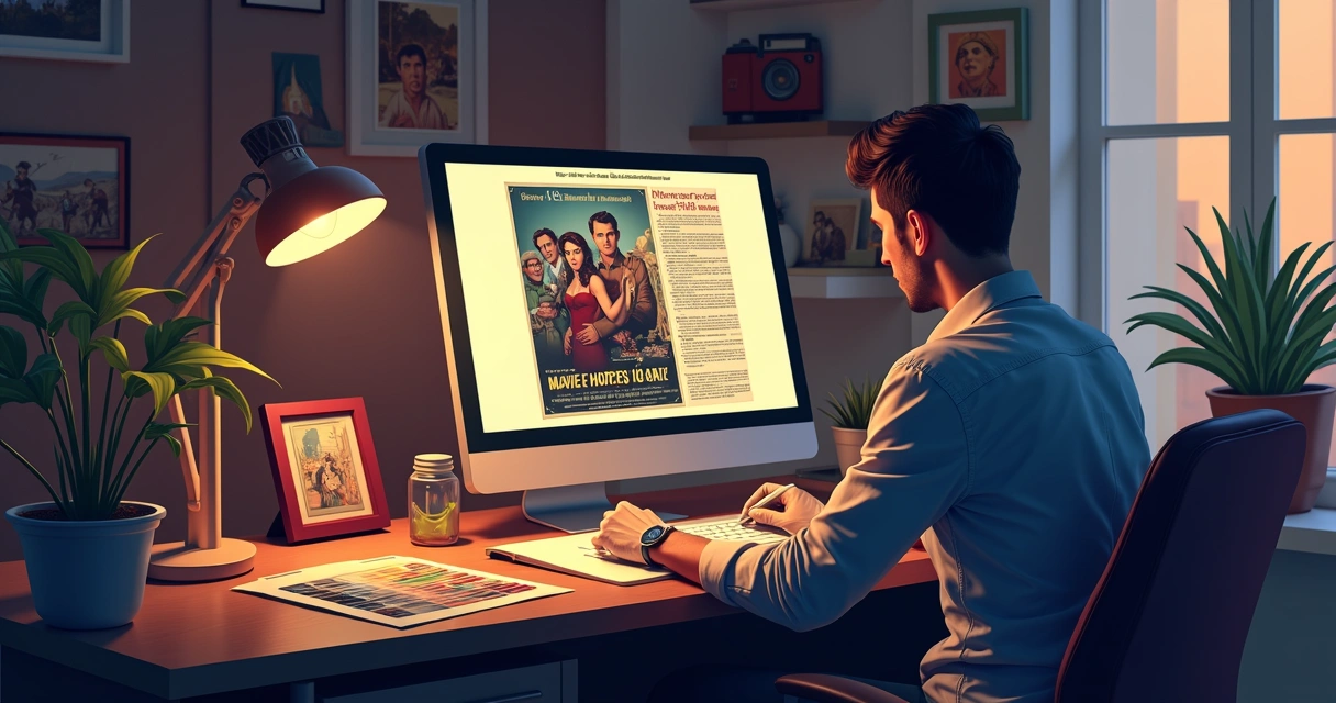 Pessoa editando pôster antigo de filme no computador com ferramentas digitais 