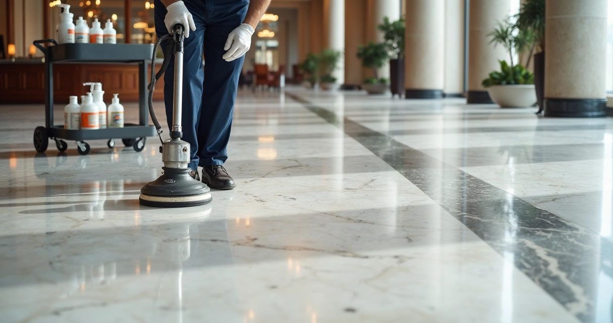 Técnico restaurando superfície de mármore 