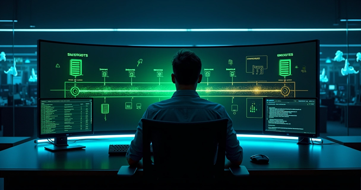 Engenheiro restaurando servidor em nuvem a partir de linha do tempo com snapshots 