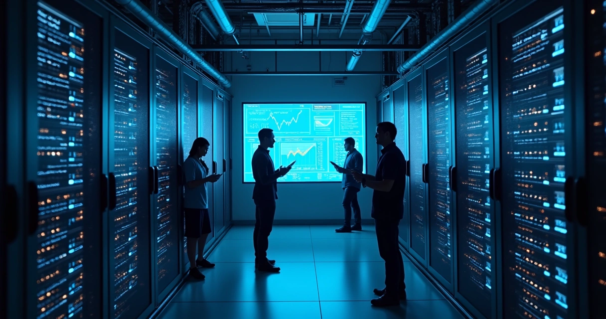 Equipe de TI analisando painel de monitoramento de backup em data center 