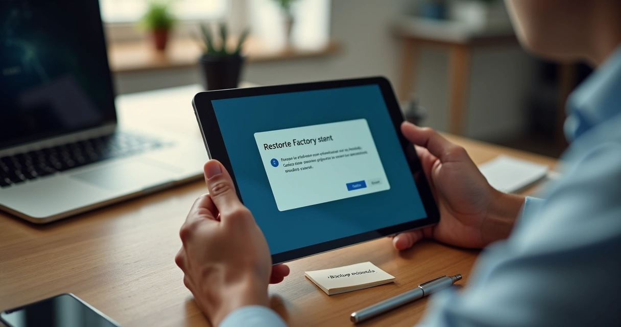 Tablet sendo restaurado para configurações de fábrica na mesa