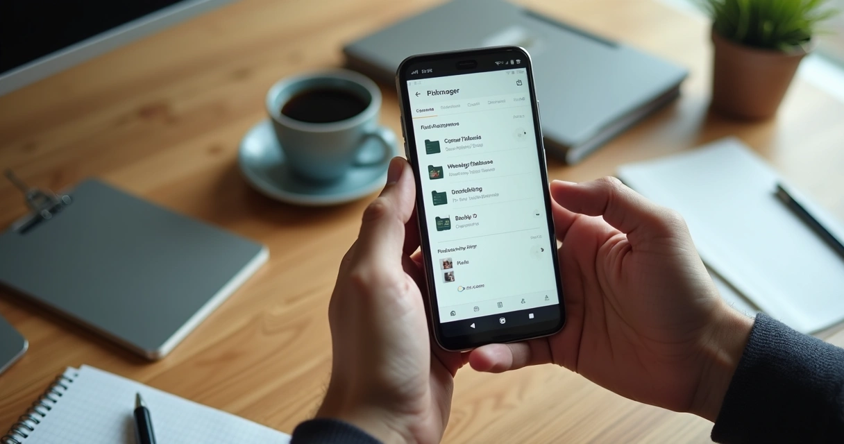 Pessoa usando gerenciador de arquivos para restaurar backup local do WhatsApp no celular 