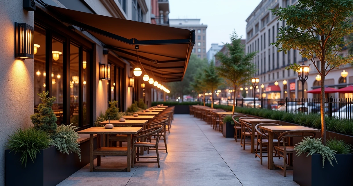 3D restaurant patio with modern seating and greenery