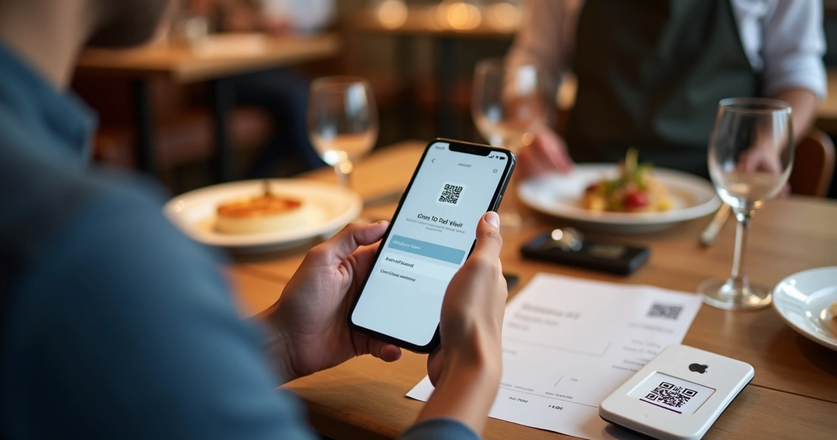 Customer in restaurant scanning dynamic QR code with phone for payment 