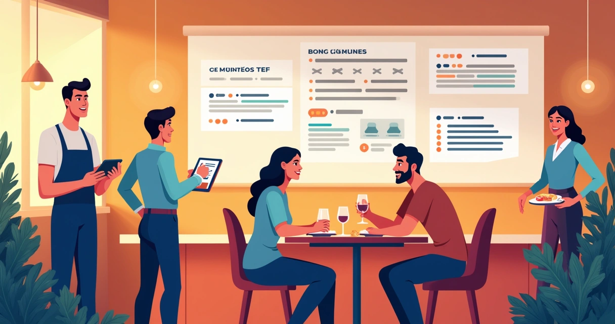 Ilustração de um restaurante moderno com tecnologia TEF e clientes satisfeitos em um ambiente acolhedor.