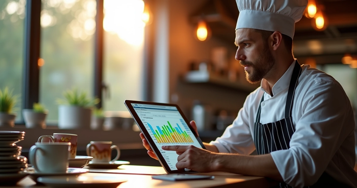 Dono de restaurante analisando relatórios digitais 