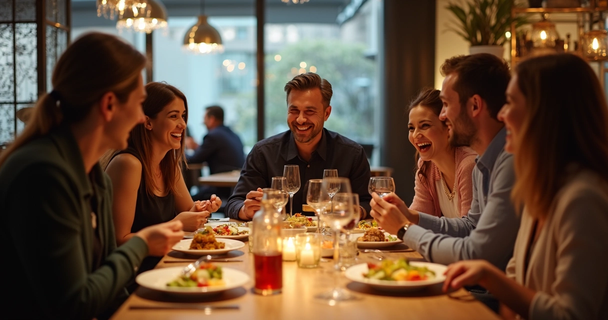 Amigos reunidos em restaurante elegante, rindo e compartilhando comida 