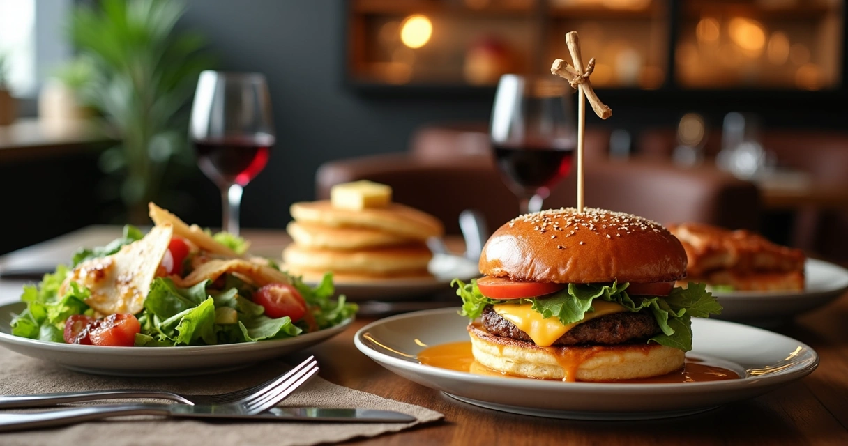 Mesa de restaurante americano com pratos variados como hambúrguer, panquecas, salada Caesar e costelas de porco