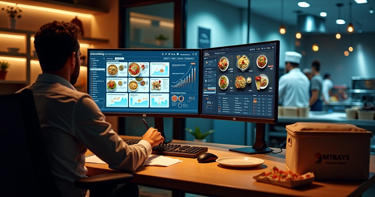 Gestor de delivery analisando resultados de anúncios com pratos em destaque 