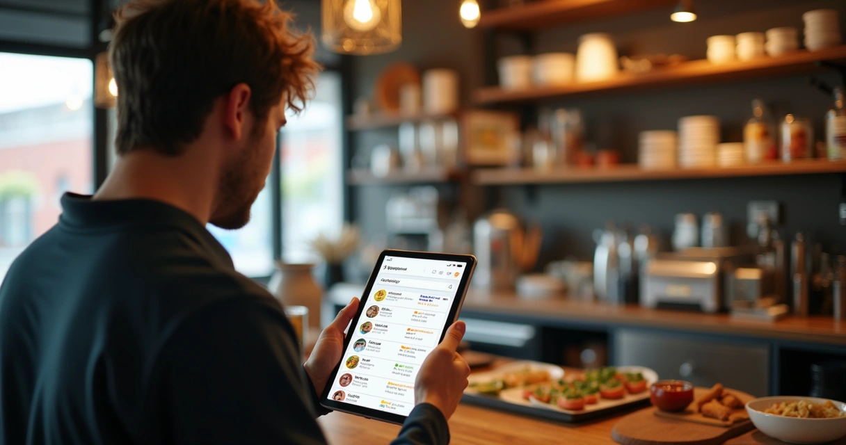 Restaurante usando tablet para acompanhar vendas feitas em app próprio de delivery 