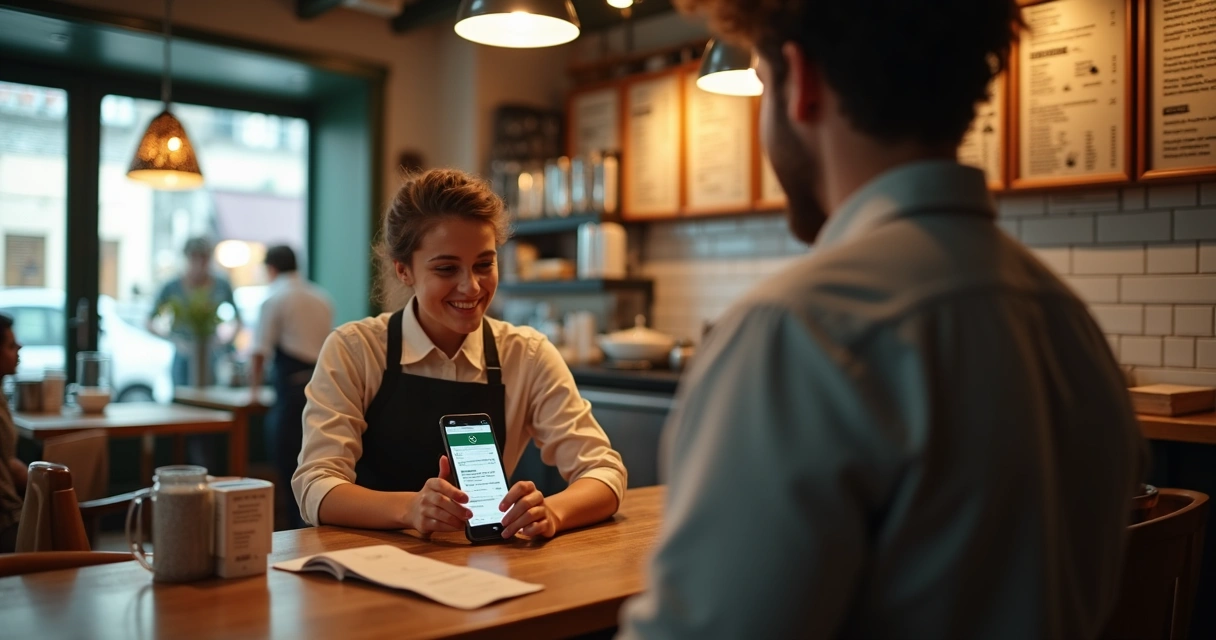 Atendente de restaurante usando WhatsApp para atender cliente