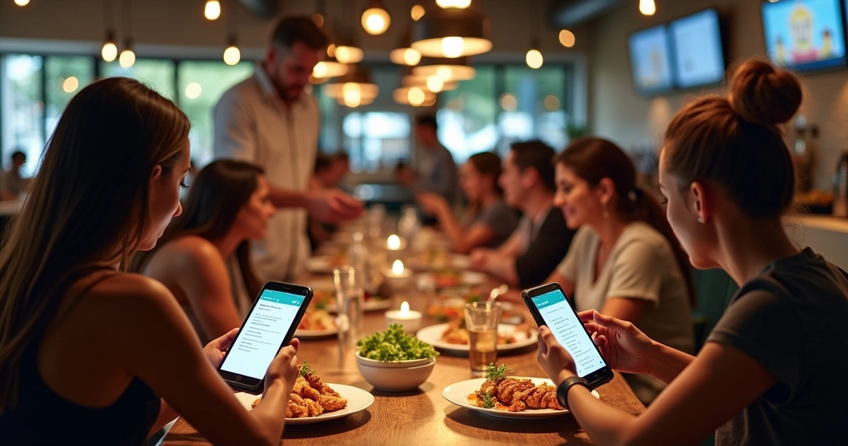 Clientes usando cardápio digital em restaurante