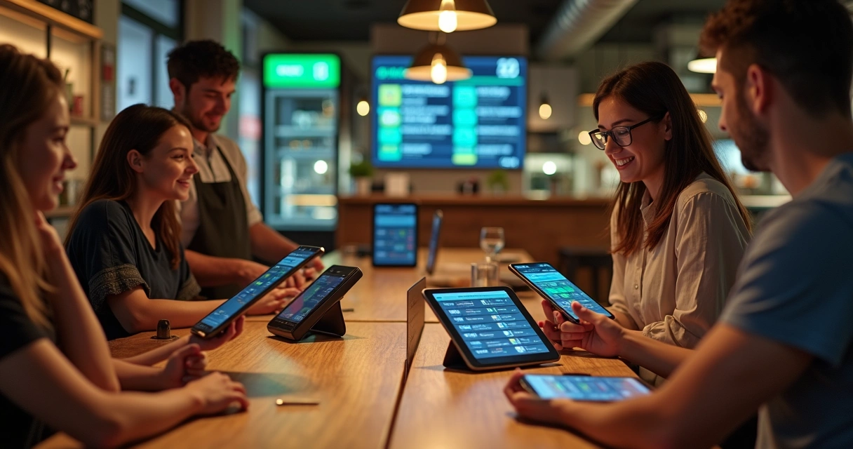 Mesa de restaurante com tablets mostrando pedidos automatizados 