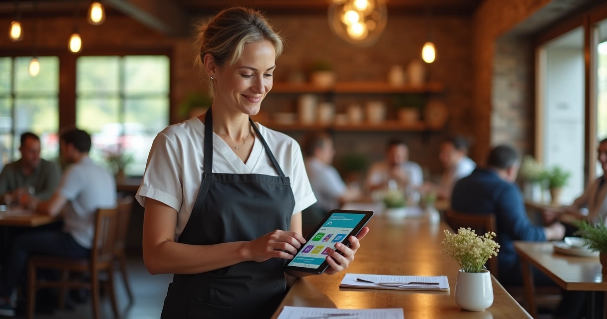 Dona de restaurante usando tablet para reservas automatizadas 