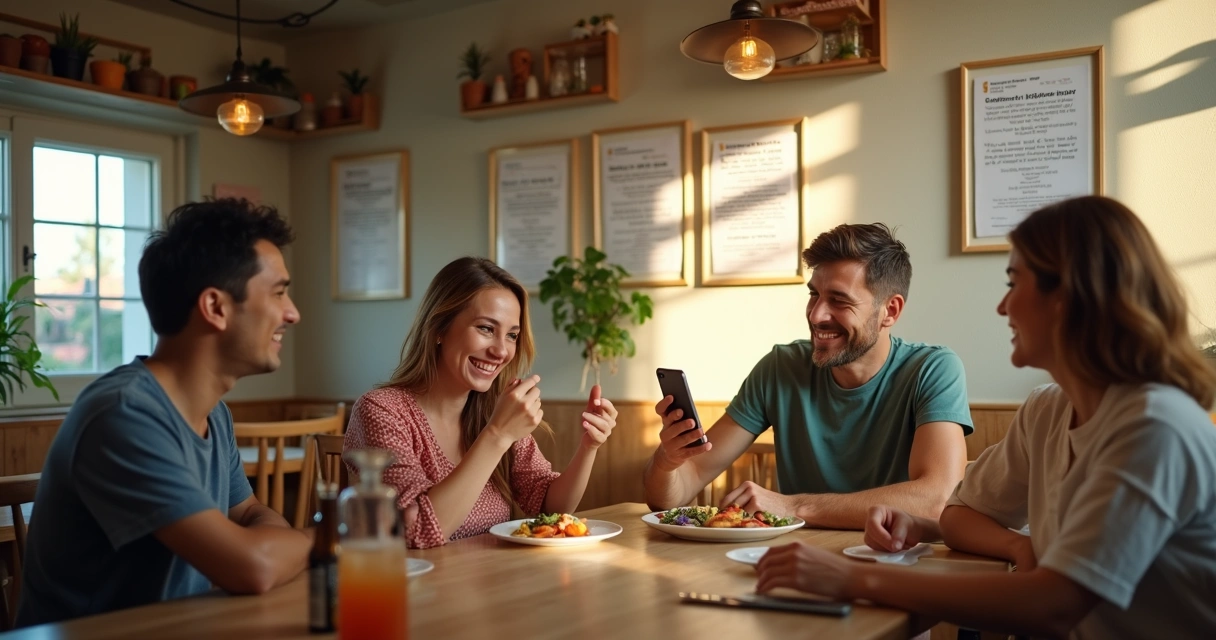 Avaliações online no restaurante com clientes satisfeitos 