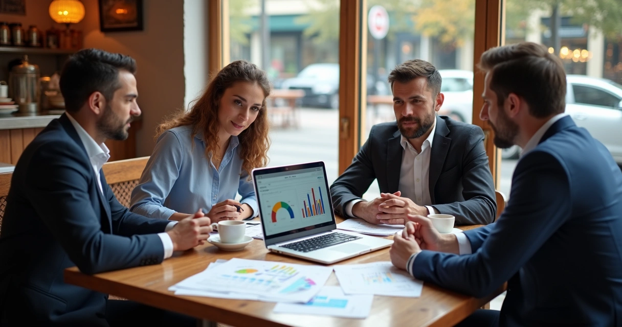 Equipe de restaurante analisando gráficos em laptop