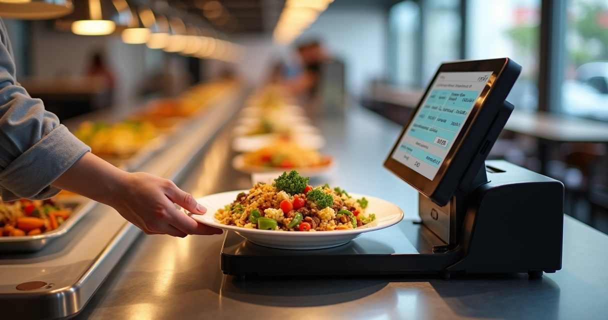 Balcão de restaurante por quilo com balança integrada ao sistema de vendas 