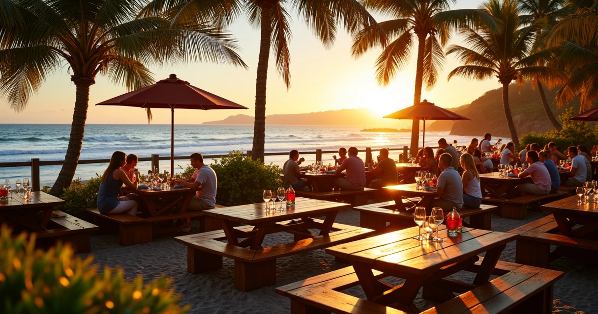 Restaurante à beira-mar com mesas ao ar livre e vista para as ondas 