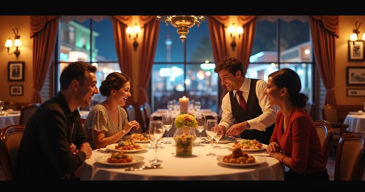 Família jantando em restaurante temático do Disney Boardwalk 