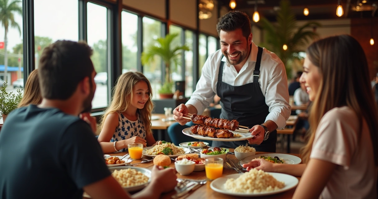 Família em restaurante brasileiro servindo churrasco em Orlando 