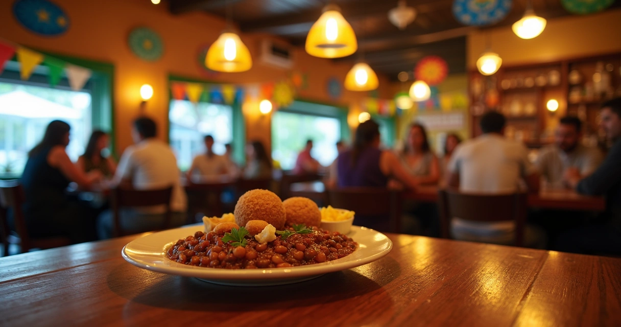 Ambiente interior de um restaurante brasileiro em Orlando, com decoração colorida e pratos típicos na mesa. 