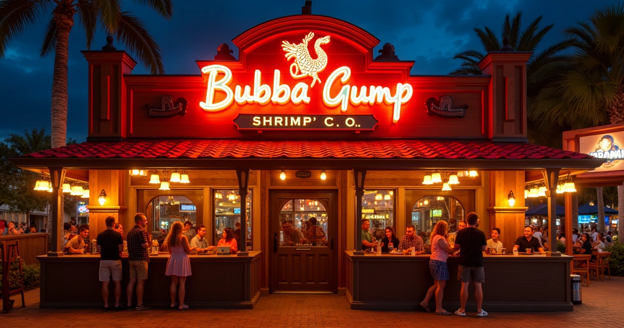 Fachada temática do restaurante Bubba Gump Shrimp Co. à noite 