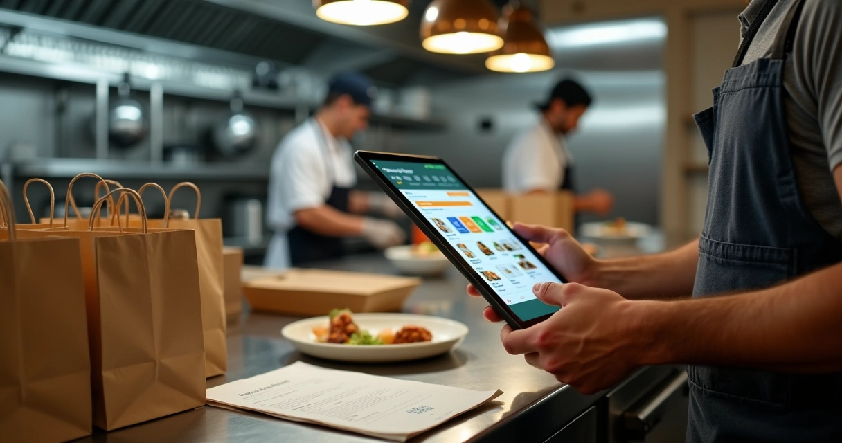 Dono de restaurante configurando cardápio de delivery no aplicativo Keeta em um tablet 