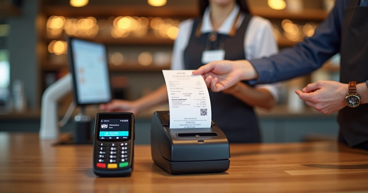 Caixa de restaurante exibindo NFC-e e terminal de cartão 