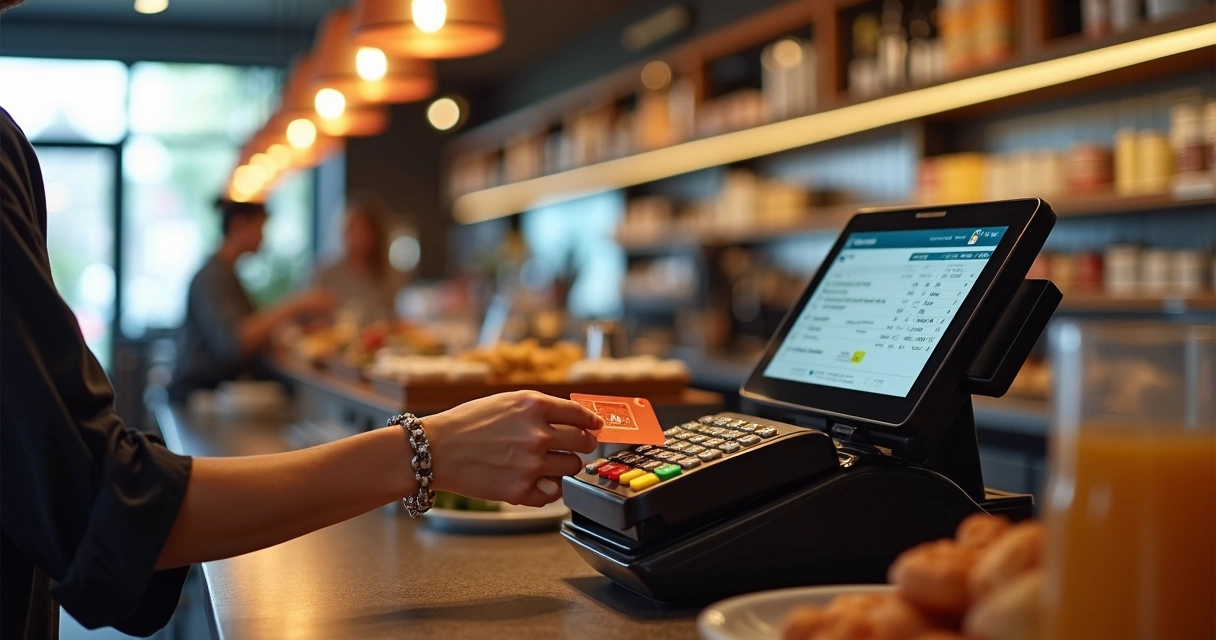 Caixa de restaurante processando pagamento com cartão e integração TEF 