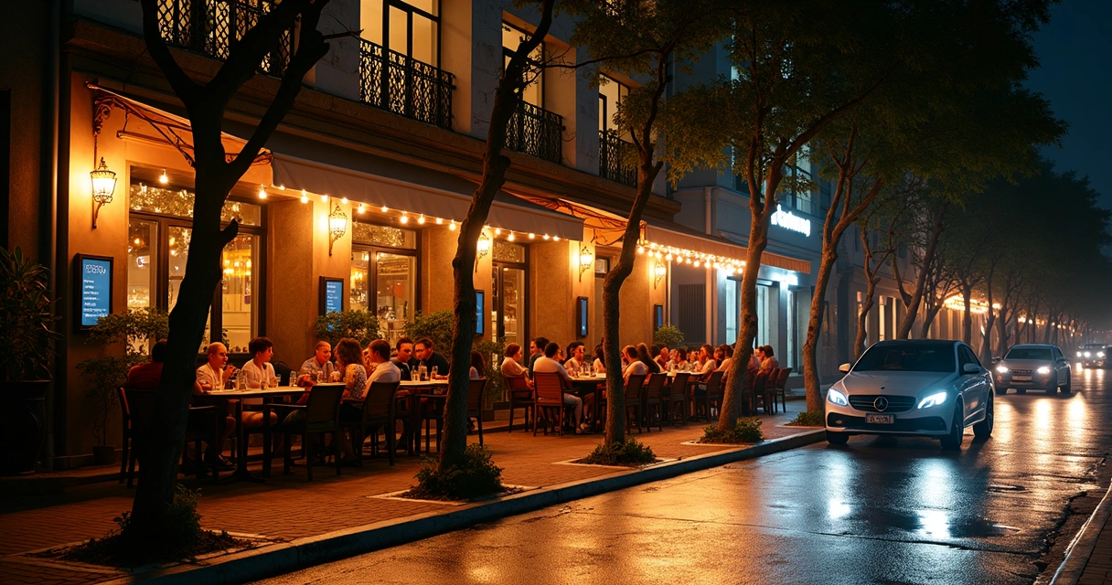 Restaurante sofisticado iluminado à noite no Cambuí 