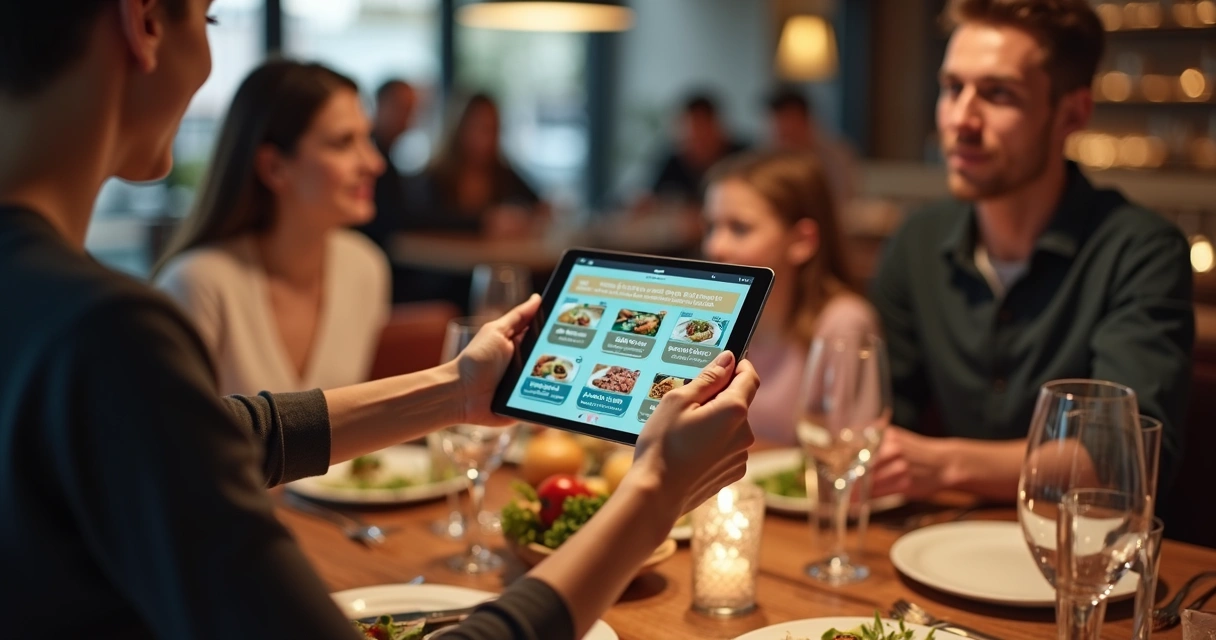 Garçom entregando tablet com cardápio digital na mesa 