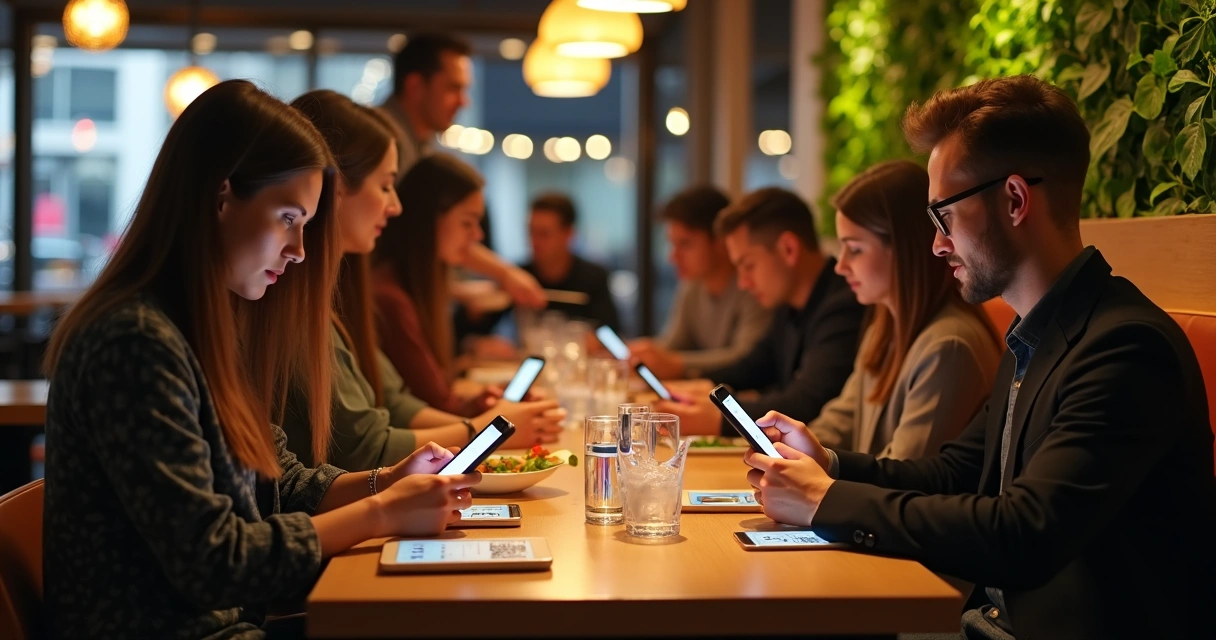 Clientes usando cardápio digital no restaurante moderno 