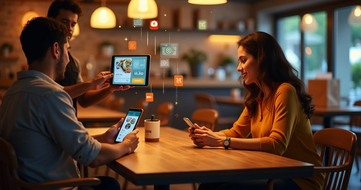 Garçom mostrando cardápio digital em tablet para clientes em mesa de restaurante moderno 