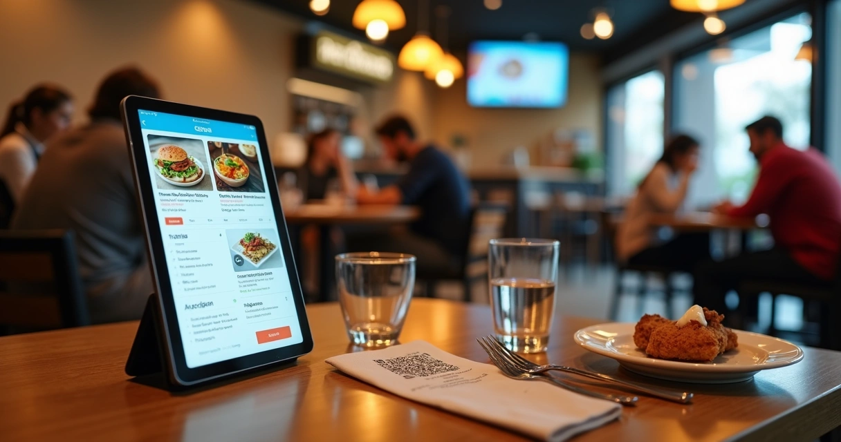Mesa de restaurante com tablet exibindo cardápio digital e QR code ao lado 