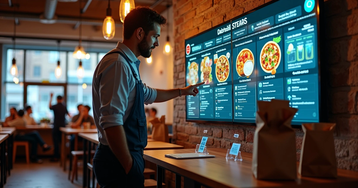 Gestor de restaurante usando painel com cardápio digital conectado a mesas e delivery 